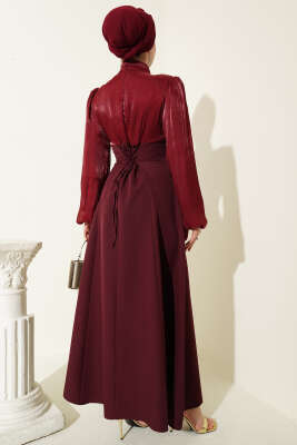 Gold Aksesuarlı Balon Kol Abiye Elbise Bordo - Elbise