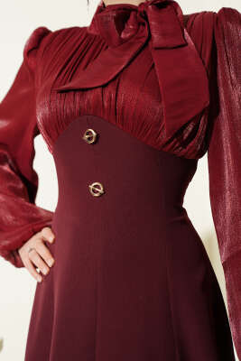 Gold Aksesuarlı Balon Kol Abiye Elbise Bordo - Elbise