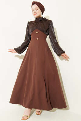 Gold Aksesuarlı Balon Kol Abiye Elbise Kahve - BERAT TEKSTİL