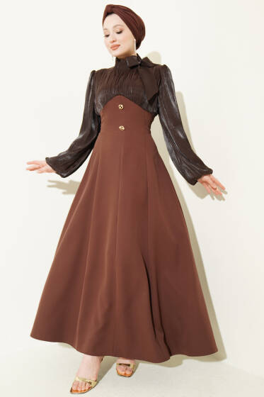 Gold Aksesuarlı Balon Kol Abiye Elbise Kahve - Elbise