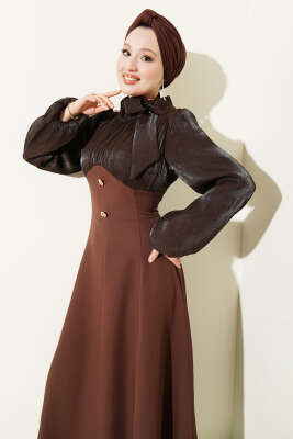 Gold Aksesuarlı Balon Kol Abiye Elbise Kahve - Elbise