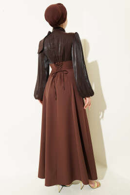 Gold Aksesuarlı Balon Kol Abiye Elbise Kahve - Elbise