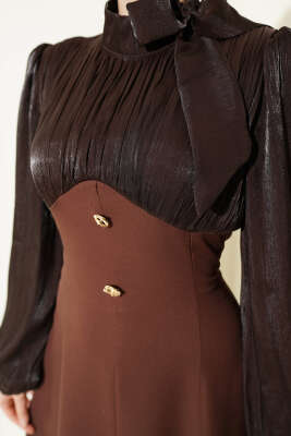 Gold Aksesuarlı Balon Kol Abiye Elbise Kahve - Elbise