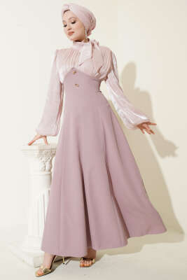 Gold Aksesuarlı Balon Kol Abiye Elbise Pudra - BERAT TEKSTİL