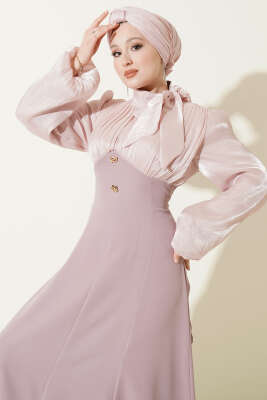 Gold Aksesuarlı Balon Kol Abiye Elbise Pudra - Elbise