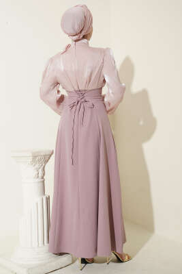 Gold Aksesuarlı Balon Kol Abiye Elbise Pudra - Elbise