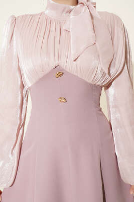 Gold Aksesuarlı Balon Kol Abiye Elbise Pudra - Elbise