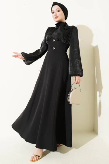 Gold Aksesuarlı Balon Kol Abiye Elbise Siyah - Elbise