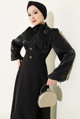 Gold Aksesuarlı Balon Kol Abiye Elbise Siyah - Elbise