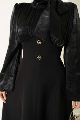 Gold Aksesuarlı Balon Kol Abiye Elbise Siyah - Elbise