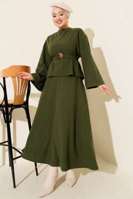 Gold Aksesuarlı Fitilli Etekli İkili Takım Haki - DUFON