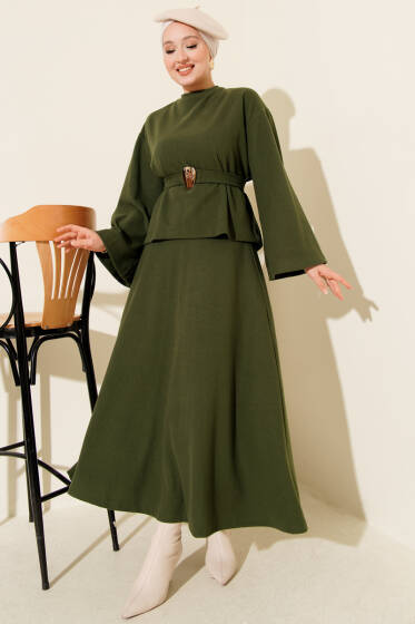 Gold Aksesuarlı Fitilli Etekli İkili Takım Haki - İkili Takım