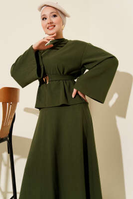 Gold Aksesuarlı Fitilli Etekli İkili Takım Haki - İkili Takım