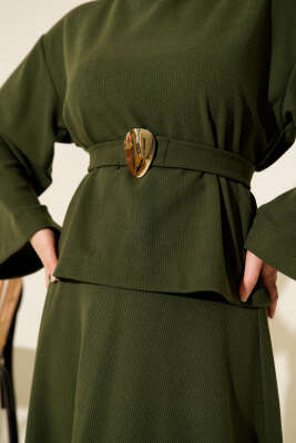 Gold Aksesuarlı Fitilli Etekli İkili Takım Haki - İkili Takım