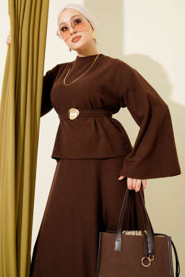 Gold Aksesuarlı Fitilli Etekli İkili Takım Kahve - İkili Takım