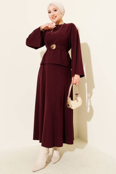 Gold Aksesuarlı Fitilli Etekli İkili Takım Mürdüm - İkili Takım