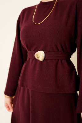 Gold Aksesuarlı Fitilli Etekli İkili Takım Mürdüm - İkili Takım