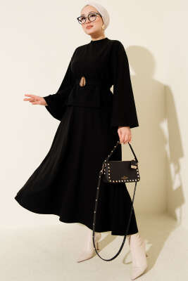 Gold Aksesuarlı Fitilli Etekli İkili Takım Siyah - DUFON