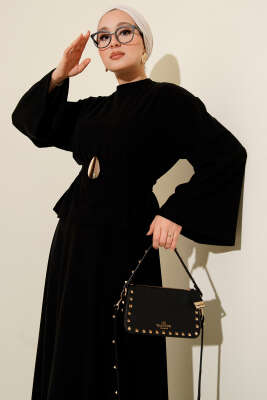 Gold Aksesuarlı Fitilli Etekli İkili Takım Siyah - İkili Takım