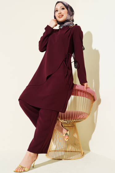 Gold Aksesuarlı İp Bağlamalı İkili Takım Bordo - İkili Takım
