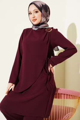 Gold Aksesuarlı İp Bağlamalı İkili Takım Bordo - İkili Takım