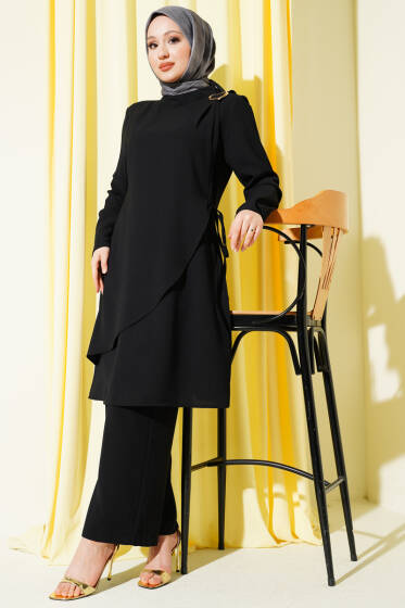 Gold Aksesuarlı İp Bağlamalı İkili Takım Siyah - İkili Takım