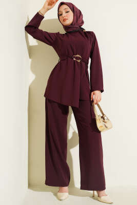 Gold Aksesuarlı Kuşaklı İkili Takım Bordo - WENNA DESIGN