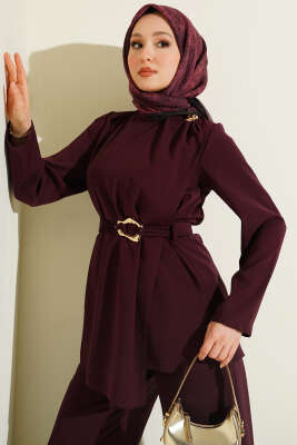 Gold Aksesuarlı Kuşaklı İkili Takım Bordo - İkili Takım