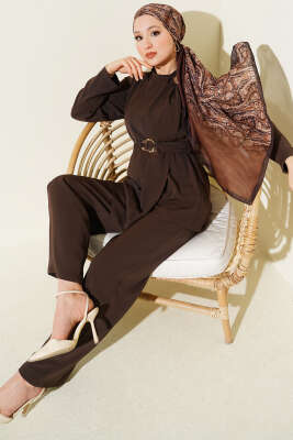 Gold Aksesuarlı Kuşaklı İkili Takım Kahve - WENNA DESIGN