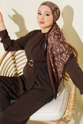 Gold Aksesuarlı Kuşaklı İkili Takım Kahve - İkili Takım