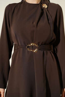 Gold Aksesuarlı Kuşaklı İkili Takım Kahve - İkili Takım