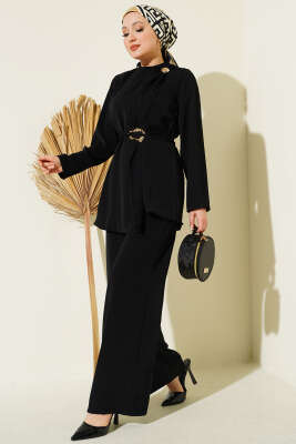 Gold Aksesuarlı Kuşaklı İkili Takım Siyah - WENNA DESIGN