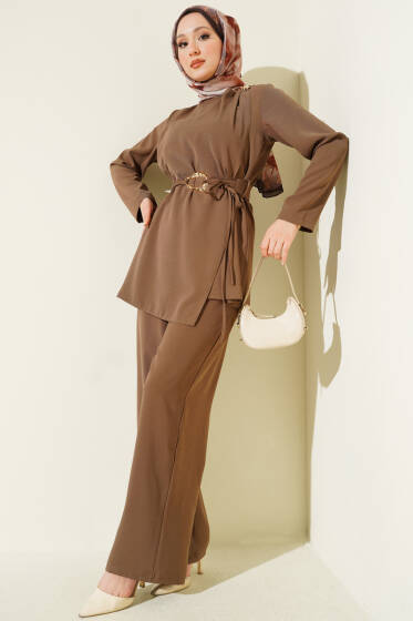 Gold Aksesuarlı Kuşaklı İkili Takım Vizon - İkili Takım