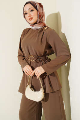 Gold Aksesuarlı Kuşaklı İkili Takım Vizon - İkili Takım