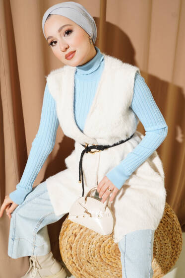 Gold Aksesuarlı Kuşaklı Sakallı Yelek Bej - Yelek