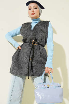 Gold Aksesuarlı Kuşaklı Sakallı Yelek Füme - VAV TEKSTİL