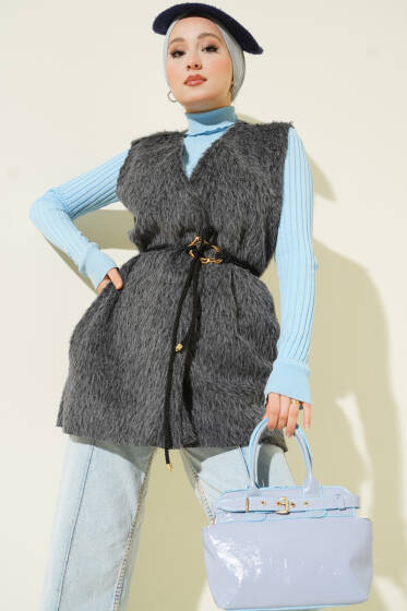 Gold Aksesuarlı Kuşaklı Sakallı Yelek Füme - Yelek