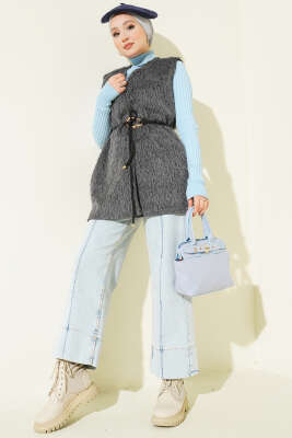 Gold Aksesuarlı Kuşaklı Sakallı Yelek Füme - Yelek