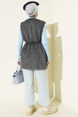 Gold Aksesuarlı Kuşaklı Sakallı Yelek Füme - Yelek