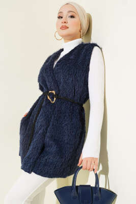 Gold Aksesuarlı Kuşaklı Sakallı Yelek Lacivert - VAV TEKSTİL