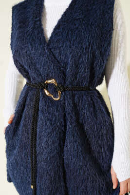 Gold Aksesuarlı Kuşaklı Sakallı Yelek Lacivert - Yelek