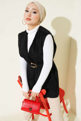 Gold Aksesuarlı Kuşaklı Sakallı Yelek Siyah - VAV TEKSTİL