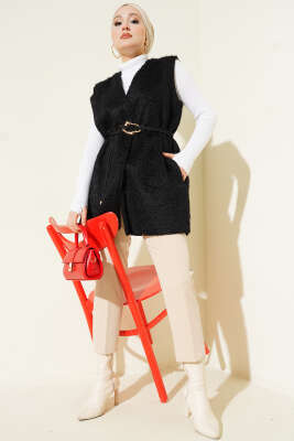 Gold Aksesuarlı Kuşaklı Sakallı Yelek Siyah - Yelek