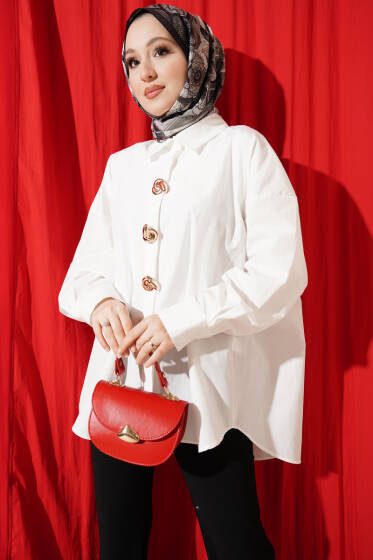 Gold Aksesuarlı Oversize Gömlek Beyaz - Gömlek