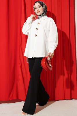 Gold Aksesuarlı Oversize Gömlek Beyaz - Gömlek