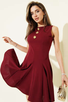 Gold Aksesuarlı Sıfır Kol Mini Elbise Bordo - LUSTRİN