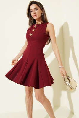 Gold Aksesuarlı Sıfır Kol Mini Elbise Bordo - Kadın Giyim Modelleri