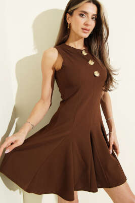 Gold Aksesuarlı Sıfır Kol Mini Elbise Kahve - Kadın Giyim Modelleri