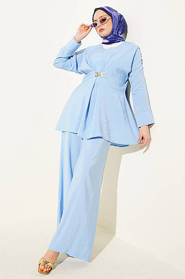 Gold Aksesuarlı V Yaka Modal İkili Takım Bebe Mavi - İkili Takım