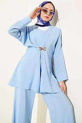 Gold Aksesuarlı V Yaka Modal İkili Takım Bebe Mavi - İkili Takım